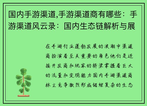 国内手游渠道,手游渠道商有哪些：手游渠道风云录：国内生态链解析与展望