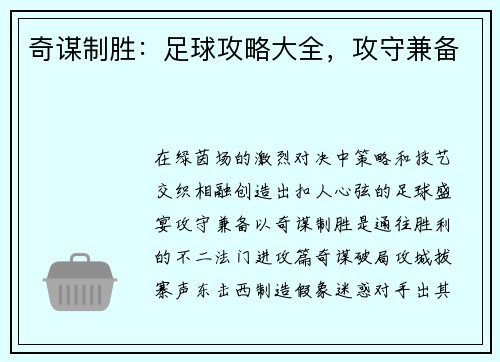 奇谋制胜：足球攻略大全，攻守兼备
