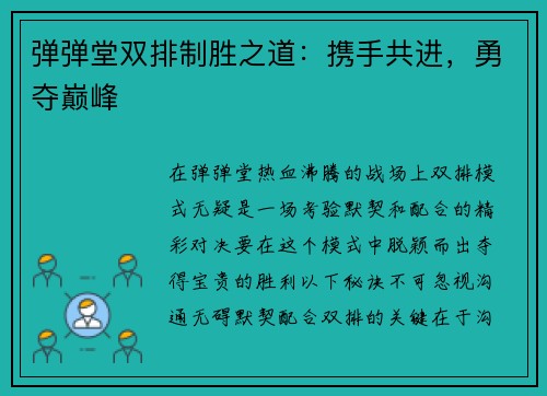 弹弹堂双排制胜之道：携手共进，勇夺巅峰