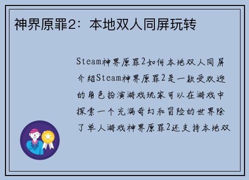 神界原罪2：本地双人同屏玩转